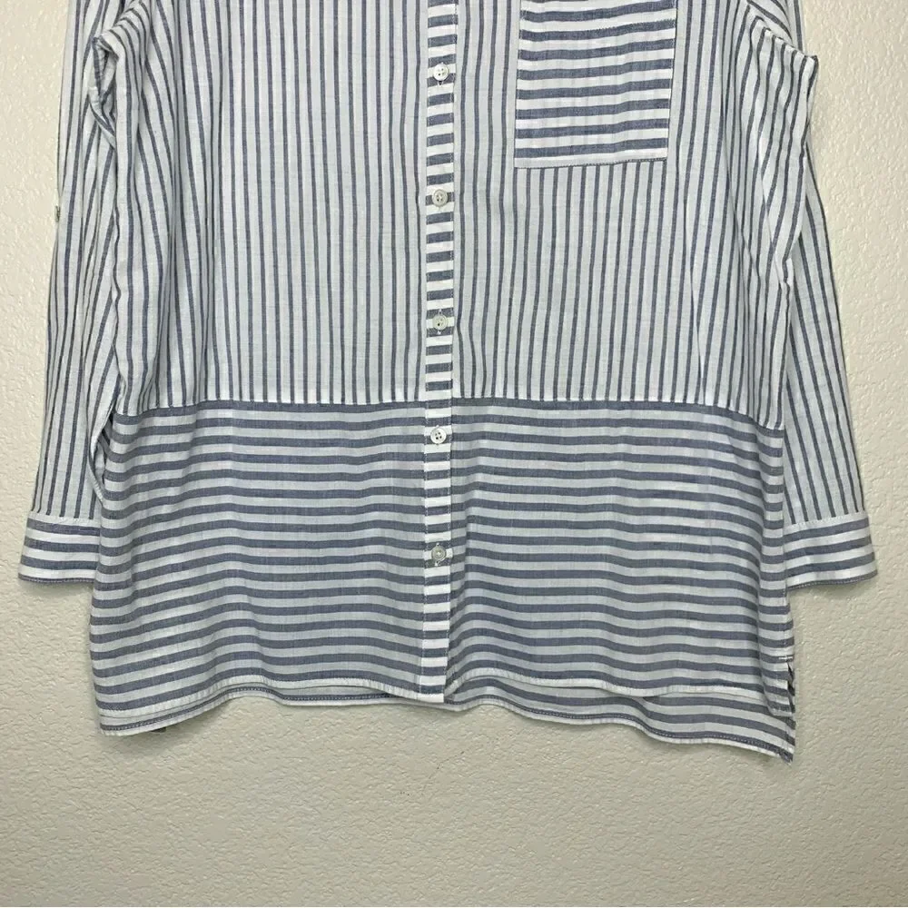J.Jill 100% Cotton Blue White Striped Button Down Tunic Top
